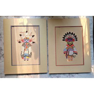 Vintage Pair Of Native American Kachina Needle Point Pictures 17" x 13" Matted